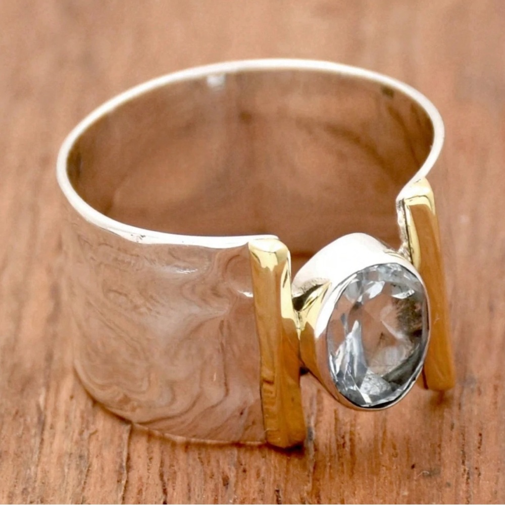 Silver and Gold enamel Ring with Blue CZ Gemstone